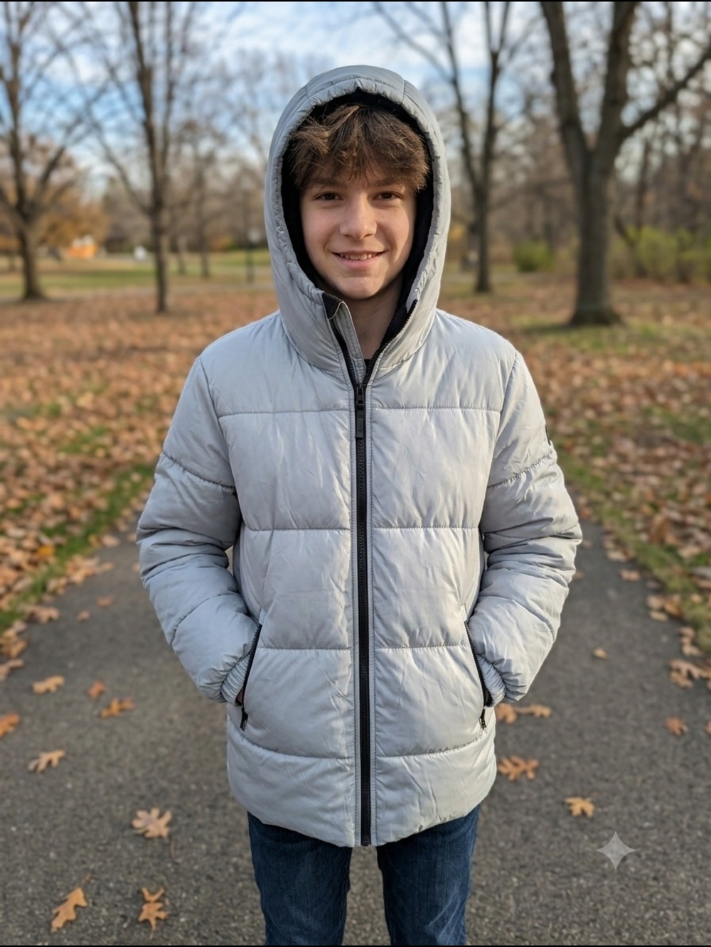 GAP Teen Light Gray Hooded Puffer Jacket for Kids Age 12 - Unisex